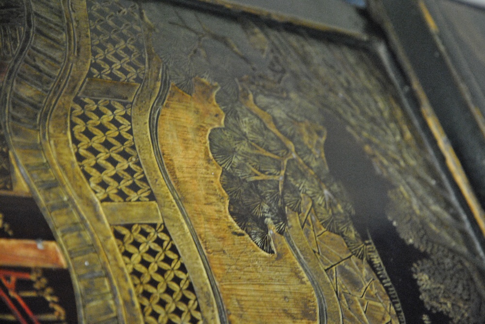 A 19th century Chinese black lacqured cabinet decorated overall with gilt and poychrome, the moulded - Image 6 of 8