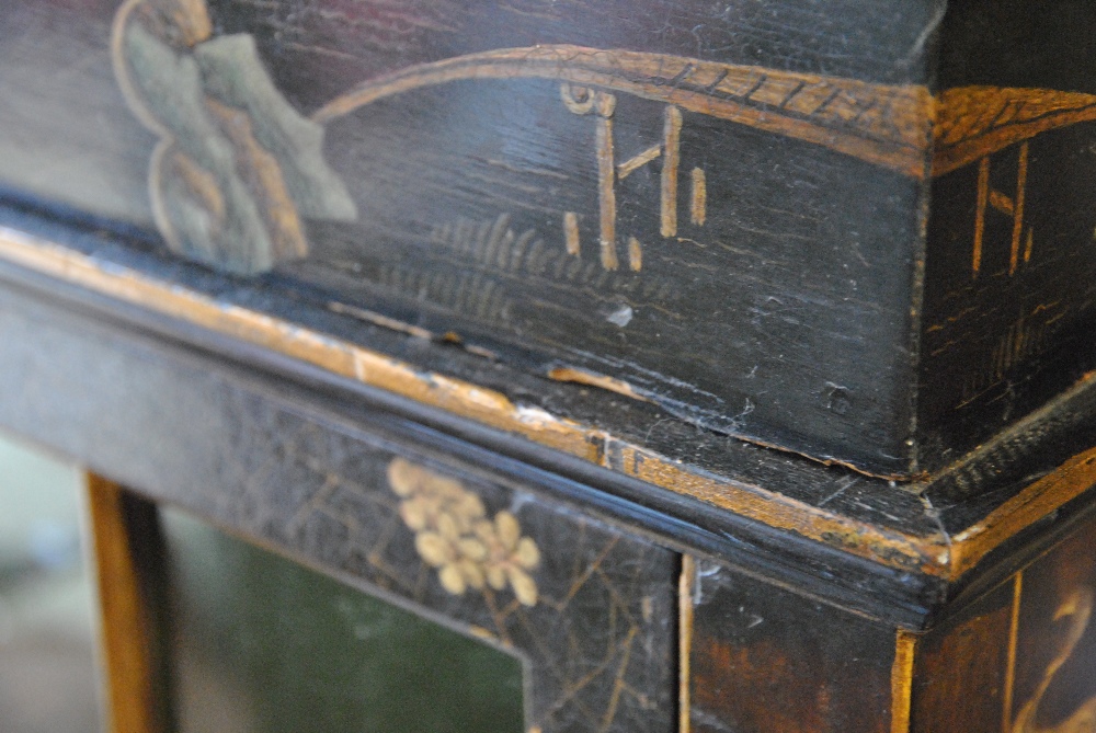 A 19th century Chinese black lacqured cabinet decorated overall with gilt and poychrome, the moulded - Image 2 of 8