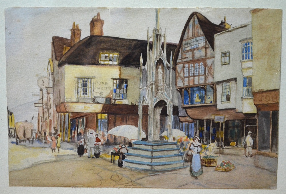 English school - two small watercolour views of Winchester, Cathedral Square and Buttercross, 16 x - Image 5 of 6