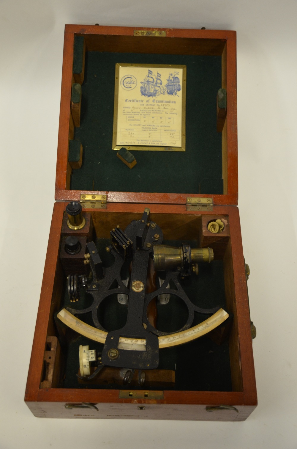 A post war sextant No. 24923 by B. Cooke & Son Ltd, Hull in fitted wooden case c/w certificate of - Image 2 of 3