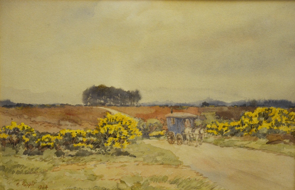 E. Popple - A blue gypsy caravan on a country lane, watercolour, signed and dated 1944, 22 x 33 cm