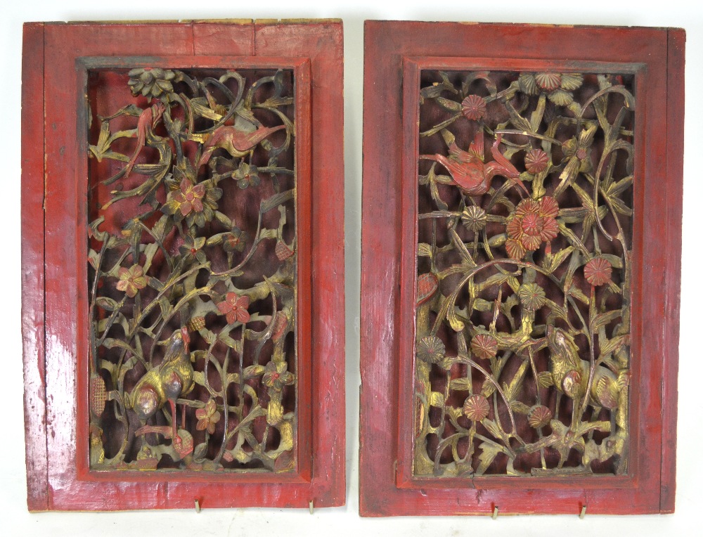 A pair of Chinese reticulated panels carved with trees, flowers, birds and fabulous animals, - Image 2 of 2