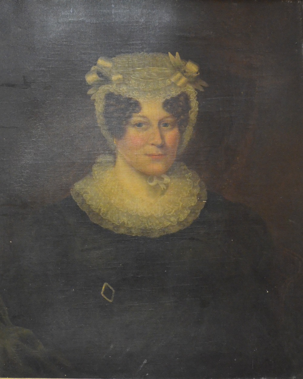 19th century English school - Portrait of a lady in a lace bonnet, oil on canvas, 70 x 59 cm