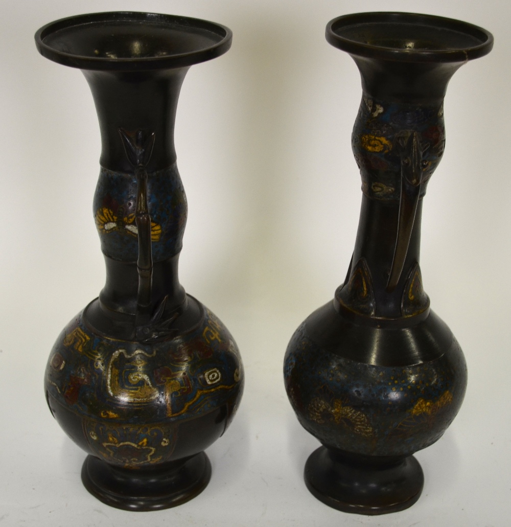 Two Chinese champleve vases, one decorated with butterflies around the neck and Taotie masks to - Image 2 of 2