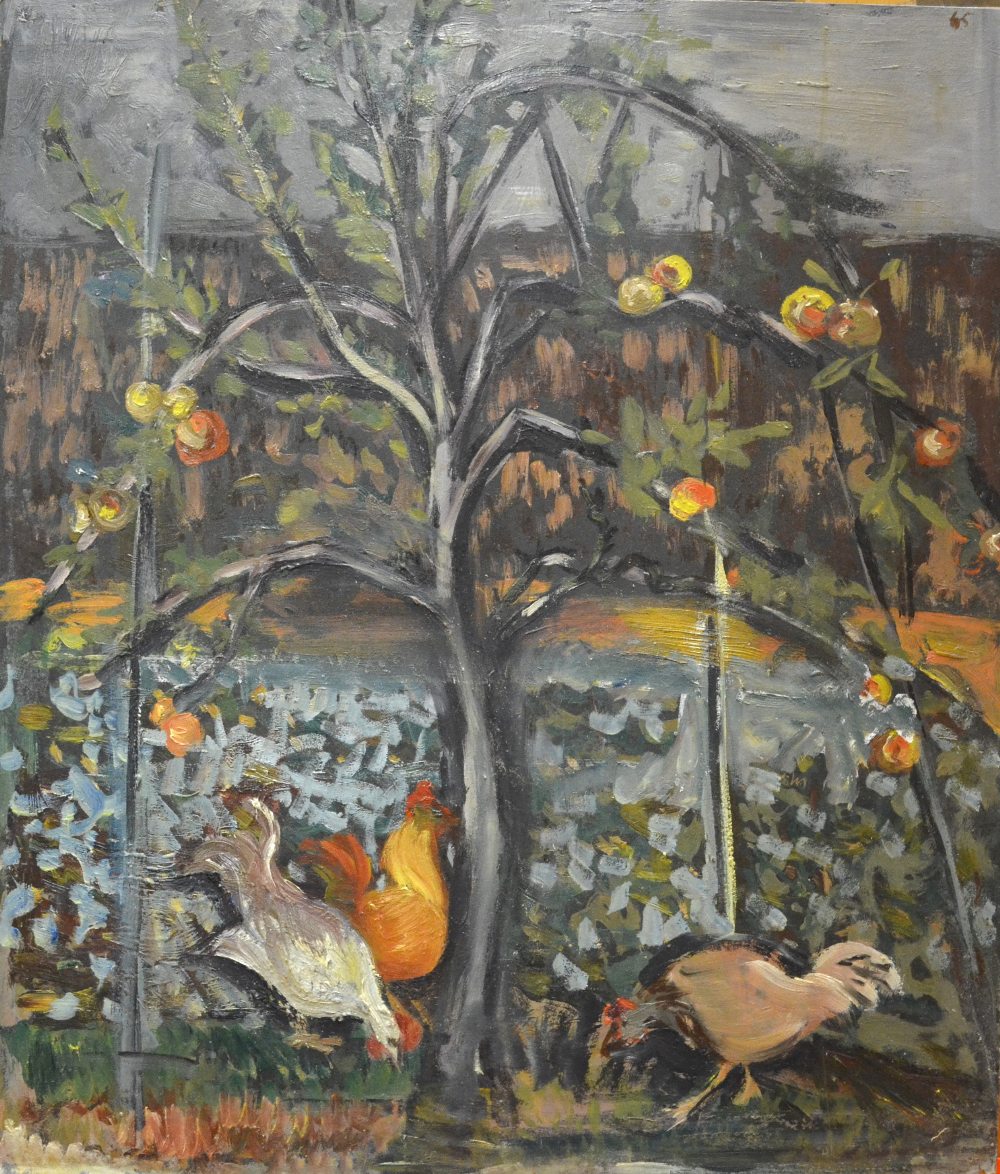 ** Lucy Harwood attrib (1893-1972) East Anglian School (Benton End) - Chickens in a garden, oil on