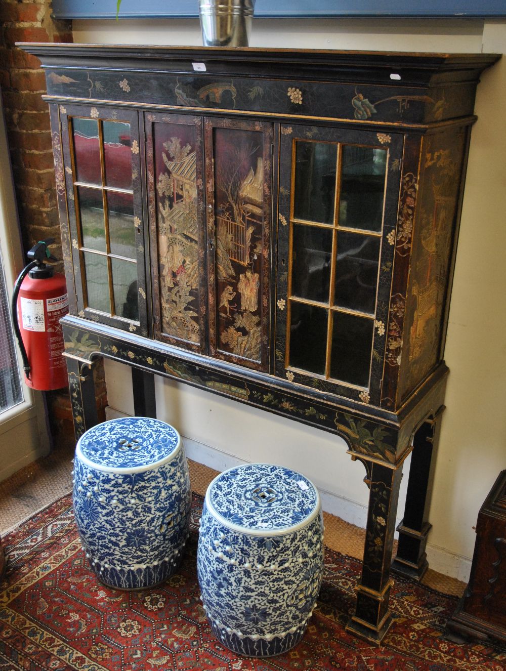 A 19th century Chinese black lacqured cabinet decorated overall with gilt and poychrome, the moulded - Image 8 of 8