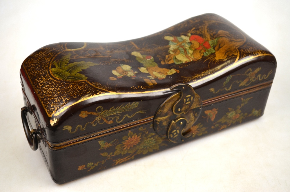 A Chinese 20th century black lacquer jewellery box, the pillow shaped hinged cover decorated with - Image 2 of 4