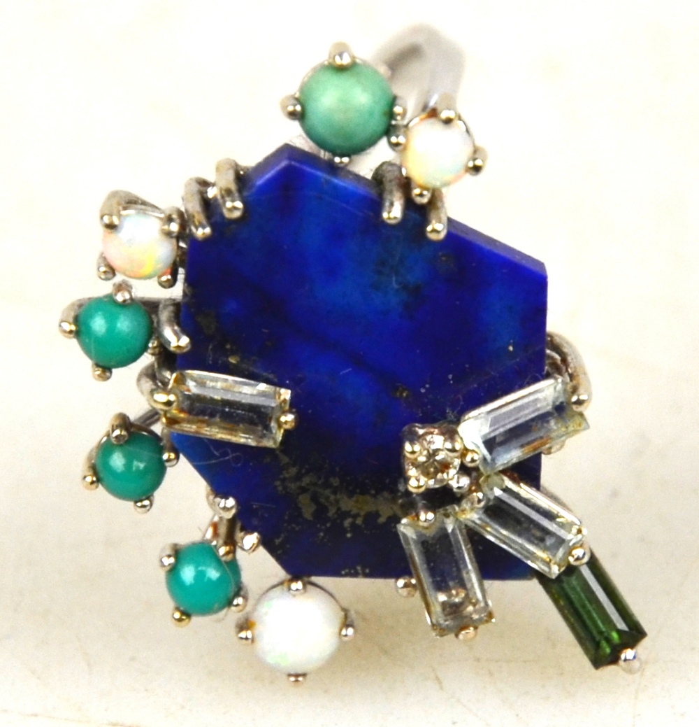 A contemporary style ring set with lapis lazuli, four baguette diamonds, tourmaline, opal and - Image 3 of 3