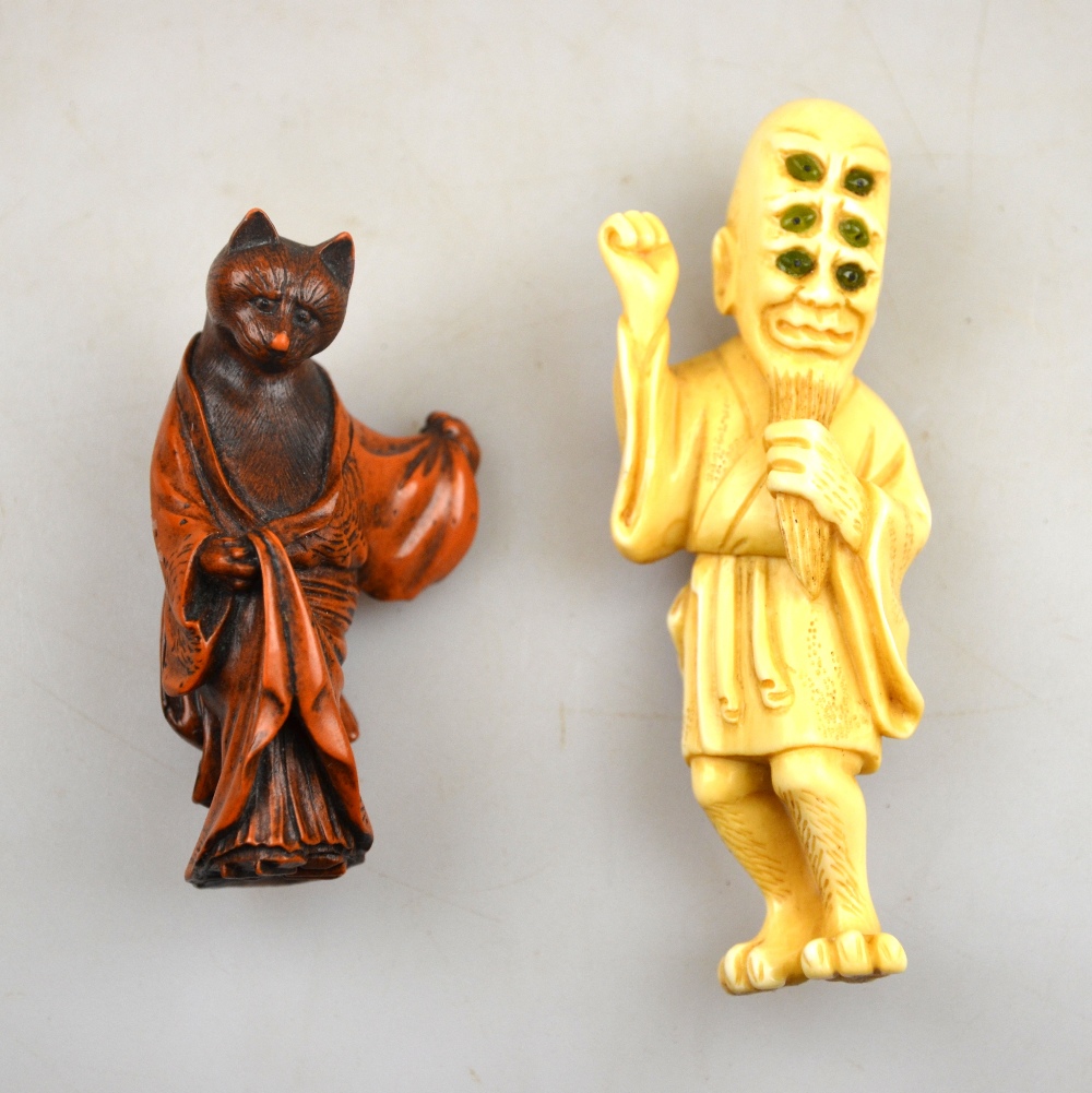 Two netsukes, one wood carved as a fox wearing a robe, two carved nuts and a collection of beads and - Image 2 of 4