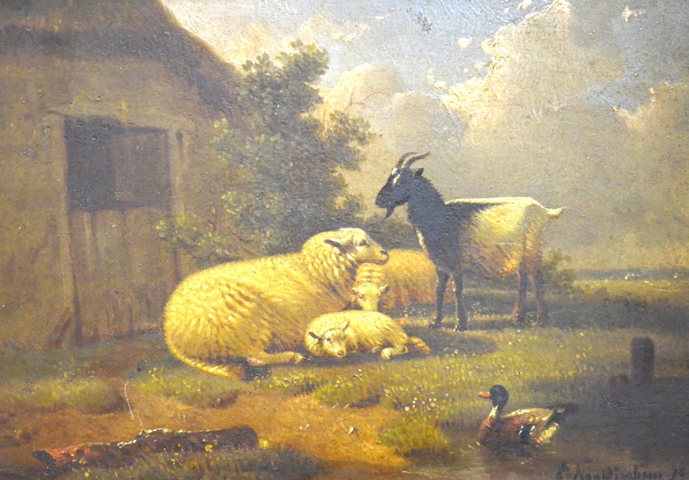 English school - A farmyard scene with sheep, goat and duck, oil on panel, signed and dated '78