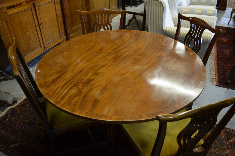 A Victorian mahogany breakfast table, the circular tilt top raised on a turned support on four