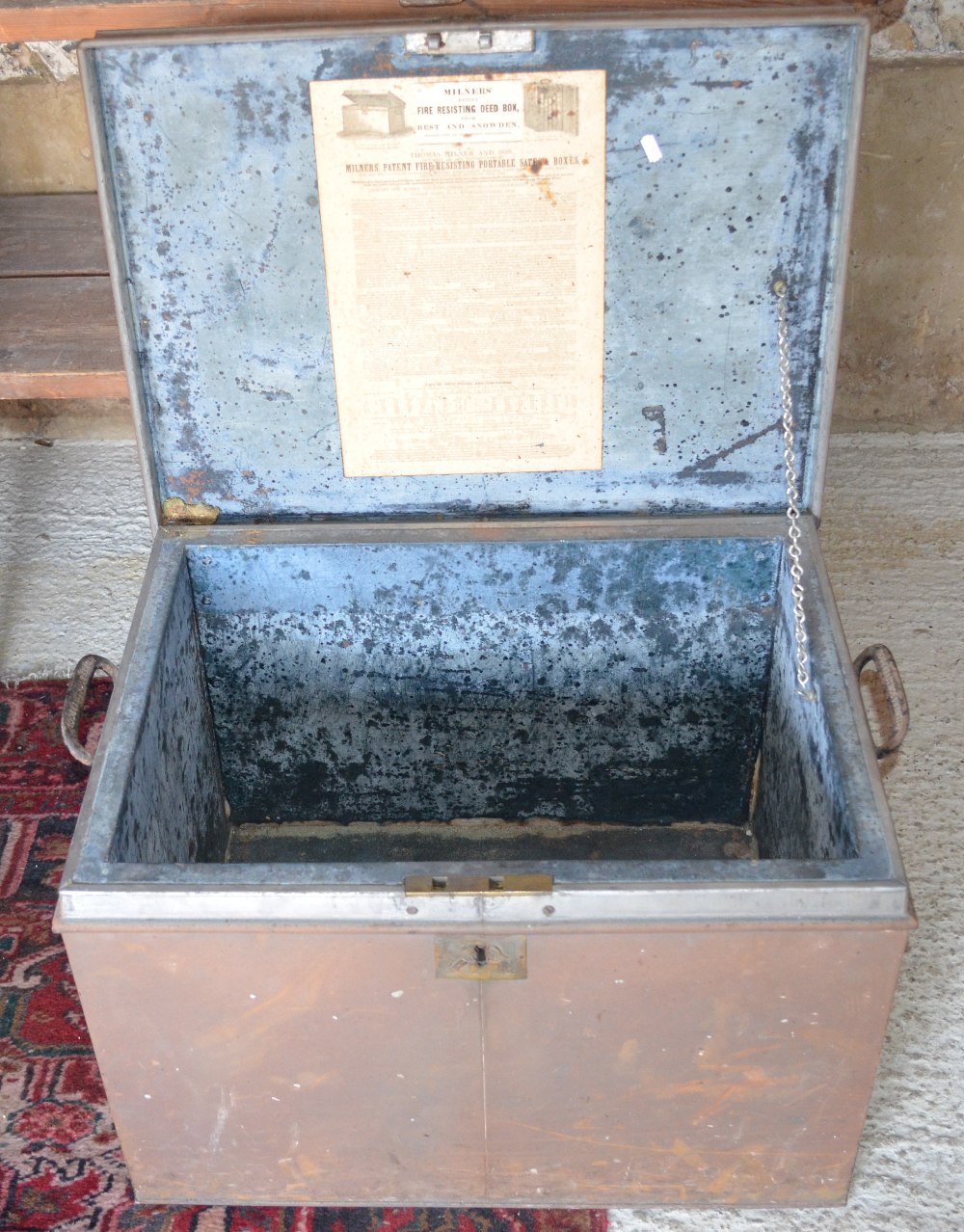 Victorian Milners fire resisting deed box and silver safe, in original condition retaining handles,