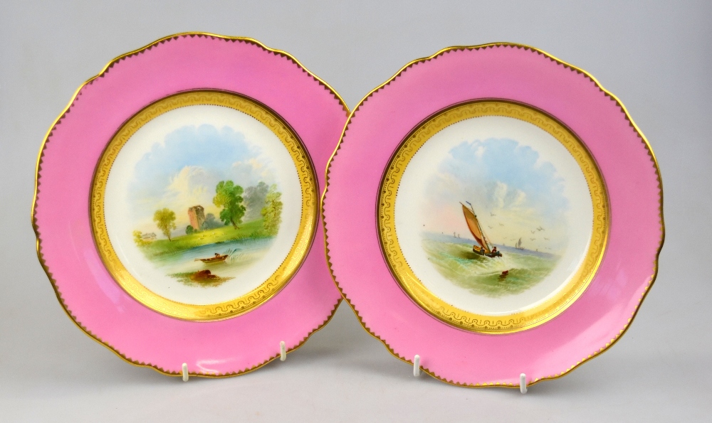 Four Copeland cabinet plates, pink ground, painted to the centre with three lake scenes and one