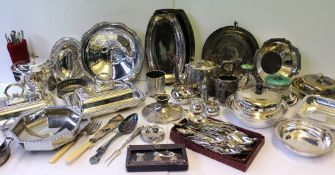 A pair of electroplated entree dishes and covers together with other serving dishes, part tea set,