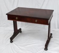 A Victorian mahogany side table, the rectangular top above two drawers on splats and oval feet, 91.