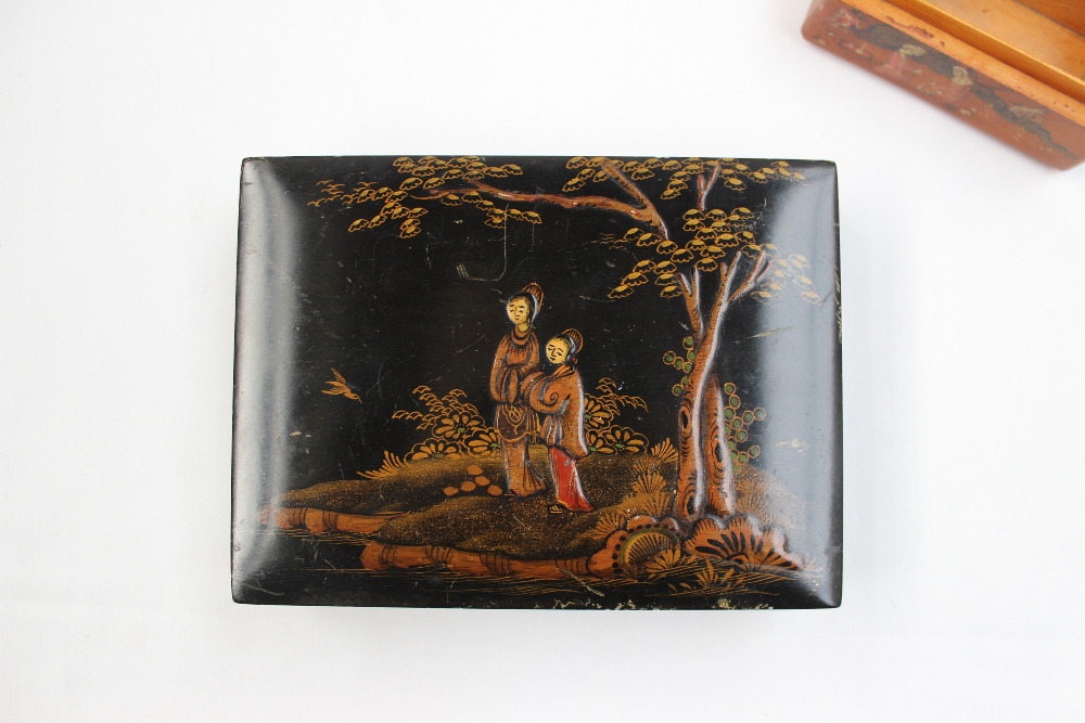 A rectangular hinged box painted with Indian figures seated taking tea in a garden setting, 9.5cm - Image 3 of 5