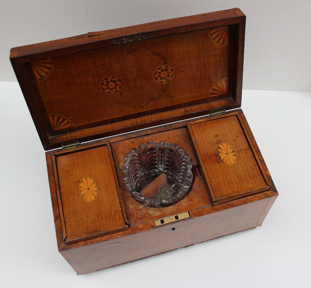 A George III satinwood tea caddy, the rectangular top with fan roundels, enclosing a two compartment