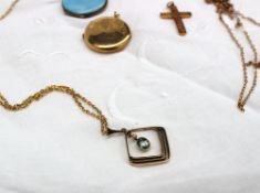 A 9ct yellow gold pendant of square form with a pearl and aquamarine suspended between, on a