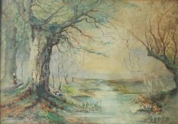 H C Fox Figures under a tree with a river Watercolour Signed and dated 1901 36 x 52cm