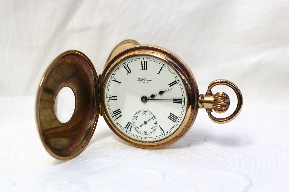A yellow metal keyless wound half hunter pocket watch with an enamel dial, Roman numerals and - Image 2 of 4