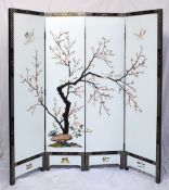 A modern lacquer four fold screen, inlaid with hardstones to one side, the other with black
