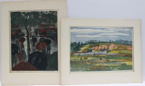 Norman Webster Wet Weather Seven colour lino cut Signed and inscribed 43 x 34cm Together with