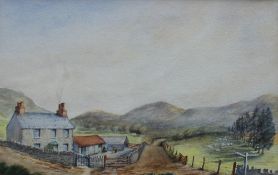 Edward Hunt On a road to the hills `Powy` Watercolour signed and label verso 23 x 35.5cm