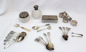 A set of eight Victorian silver fiddle pattern tea spoons, London, 1883 together with other silver