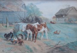 Attributed to Claud Cardon The Farmyard Watercolour Initialled 35 x 51cm