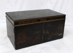 A chinoiserie decorated coffer, the top now fixed decorated with trees and a fence pattern, the