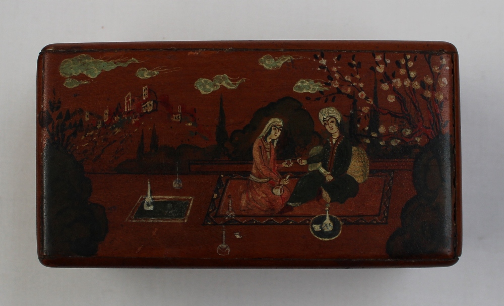 A rectangular hinged box painted with Indian figures seated taking tea in a garden setting, 9.5cm - Image 4 of 5