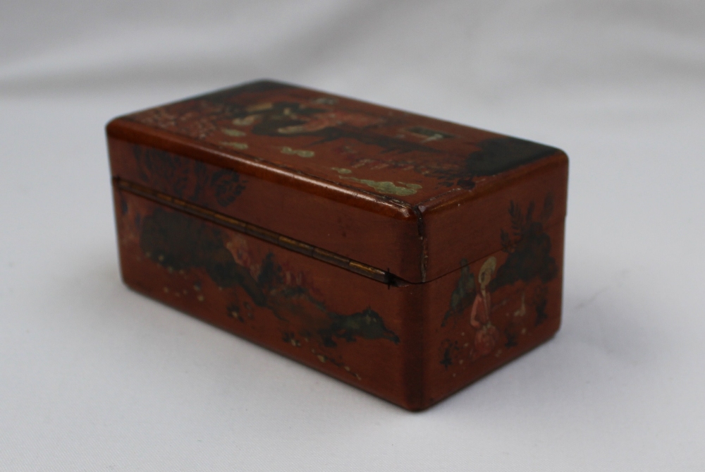 A rectangular hinged box painted with Indian figures seated taking tea in a garden setting, 9.5cm - Image 5 of 5