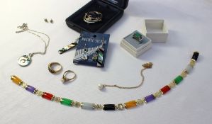 A Chinese 14ct gold and hardstone necklace together with a Cornish stone ring, a pair of emerald