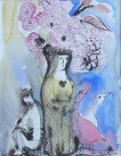 Lydia Corbett (nee Sylvette David) Figures and birds Watercolour Signed 38.5 x 30cm
