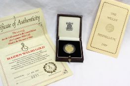 A Royal Mint 1989 Welsh gold dragon medallion, cased with paperwork