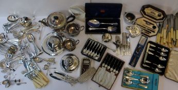 An electroplated three piece tea set together with electroplated flatwares, muffin dish and cover,
