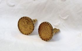Two George V gold half sovereigns dated 1914 and 1916 mounted in a 9ct cufflink mount