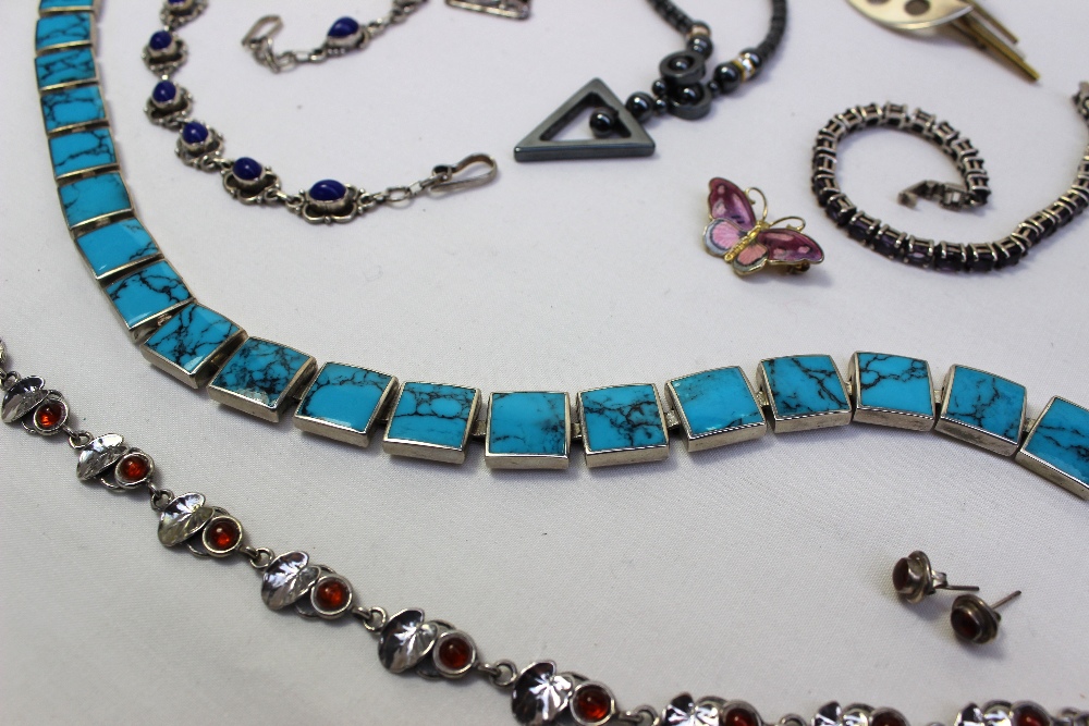 A white metal and turquoise panel set necklace together with turquoise earrings, a silver and - Image 2 of 3