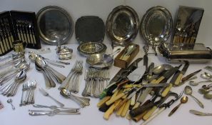 Assorted electroplated flatwares together with an entree dish and cover, mug etc