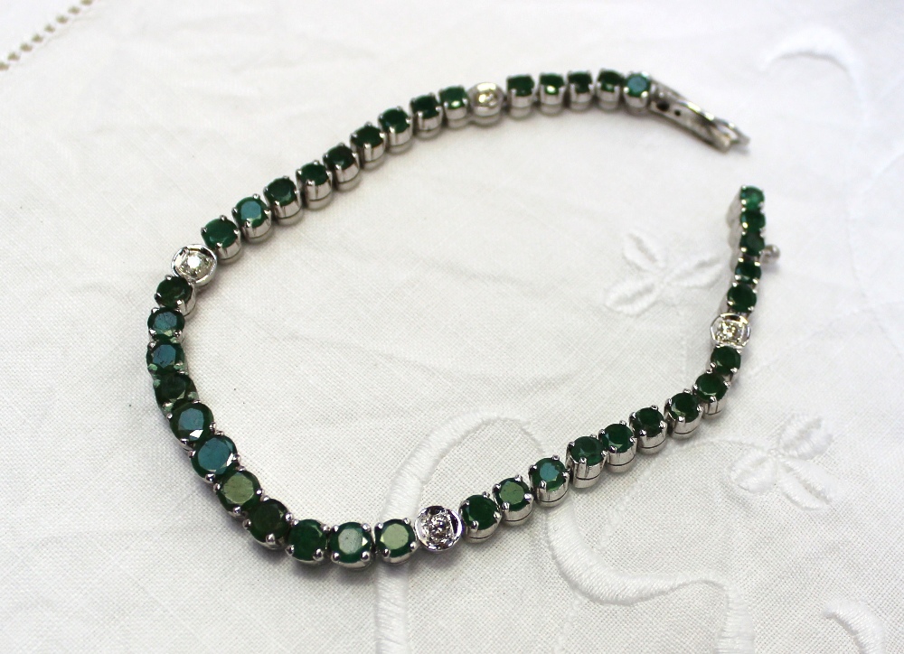 A Suite of emerald and diamond jewellery, including a necklace, a tennis bracelet and a pair of drop - Image 4 of 4