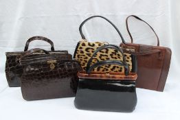 A leopard skin handbag and four others including one by David Russell and Widegate