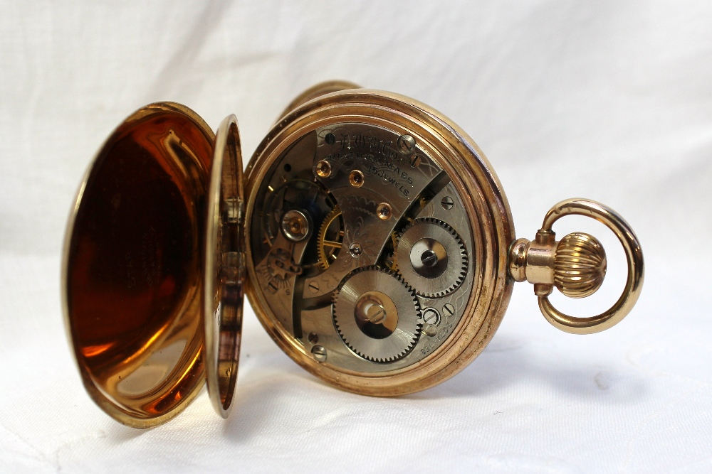 A yellow metal keyless wound half hunter pocket watch with an enamel dial, Roman numerals and - Image 4 of 4