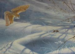 M. Clark A Barn Owl hunting a mouse across a snowy landscape Watercolour Signed and dated `94 41 x