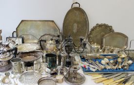 Assorted electroplated flatwares, together with candelabra, part tea set, trays etc