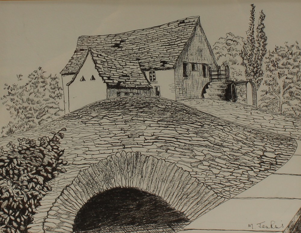 Marguerite Jenkins Gelligroes Mill Pen and ink Signed and inscribed verso 21 x 27.5cm