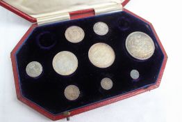 Specimen coins dated 1902 including a crown, half crown, florin, shilling, 6d, 4d, 3d, 2d and 1d (