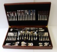 A bead decorated electroplated part flatware service contained within a leather inset case