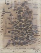 An early 18th century map sampler titled " A Map of England" the borders delineated in coloured
