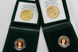 Two 1980 proof sovereigns in original green and gilt decorated cases