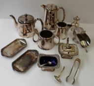 An electroplated three piece cruet set together with a hotel ware part tea set, pin trays etc